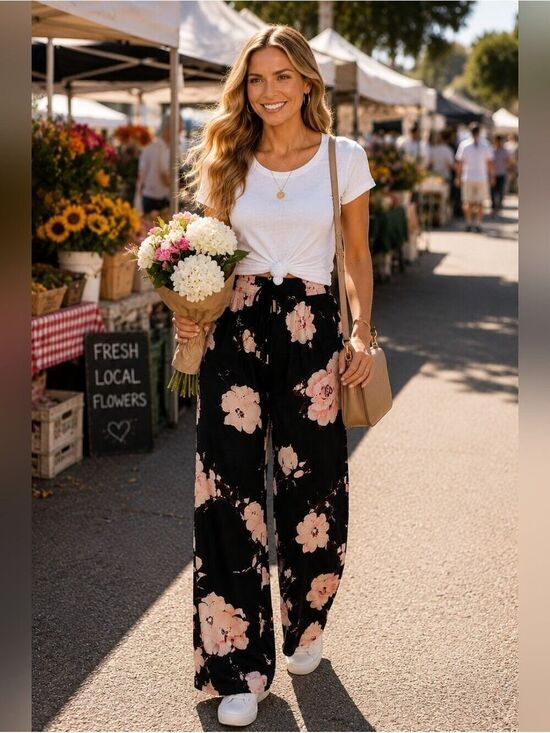 SHEIN Pants - Romantic Floral Palazzo Pants Wide Leg Boho Resort Vacation Cottagecore Size L